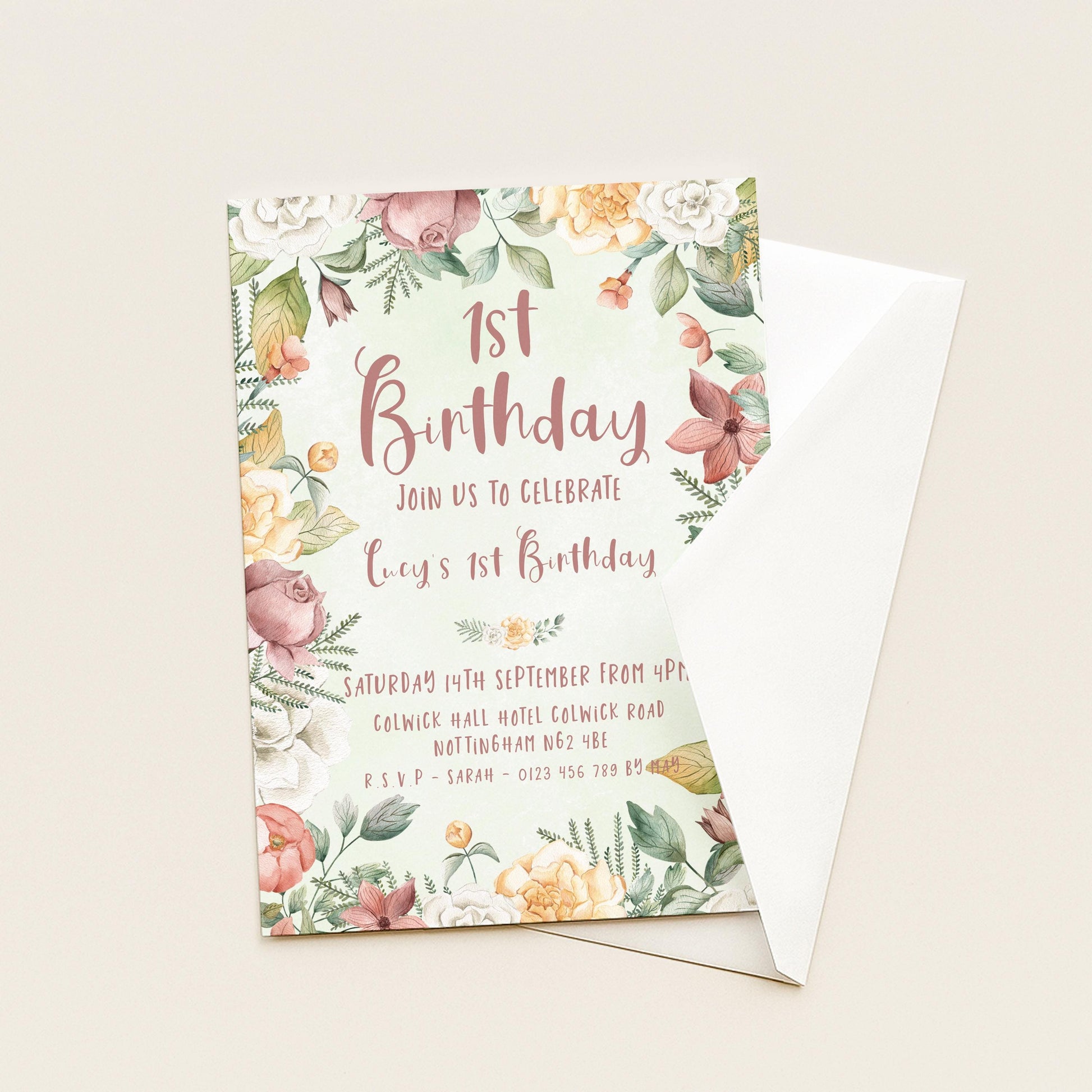 Floral 1st Birthday Invitation Download – Pastel Garden Party Digital Download for Girls, Editable Printable First Birthday Invite