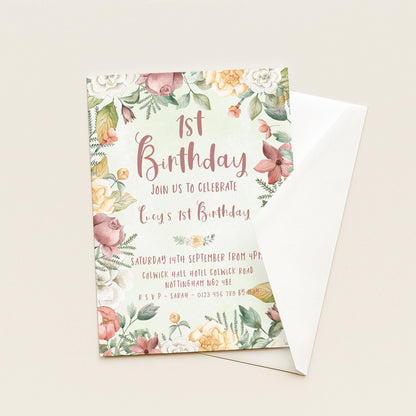 Floral 1st Birthday Invitation Download – Pastel Garden Party Digital Download for Girls, Editable Printable First Birthday Invite