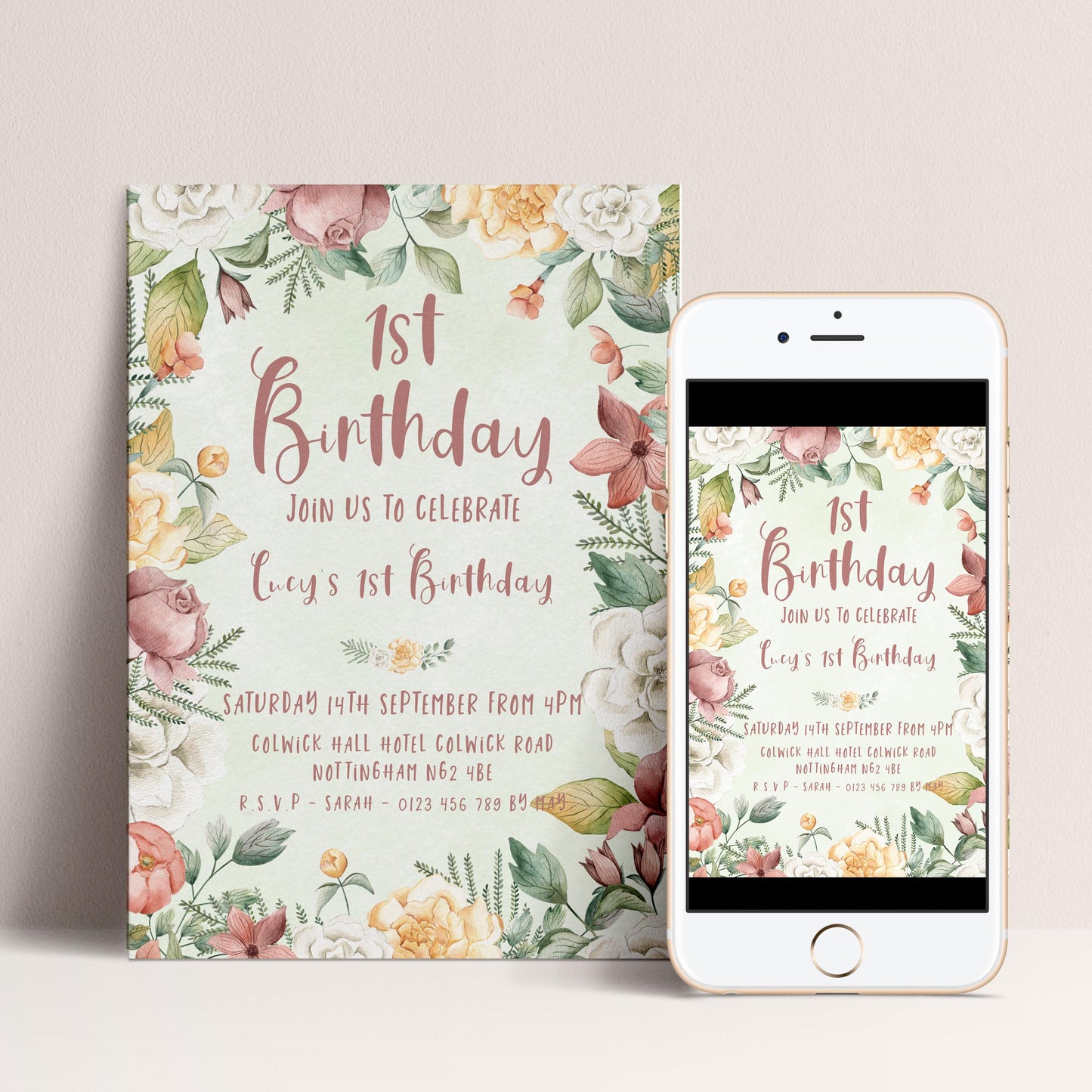 Floral 1st Birthday Invitation Download – Pastel Garden Party Digital Download for Girls, Editable Printable First Birthday Invite