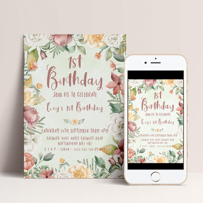 Floral 1st Birthday Invitation Download – Pastel Garden Party Digital Download for Girls, Editable Printable First Birthday Invite