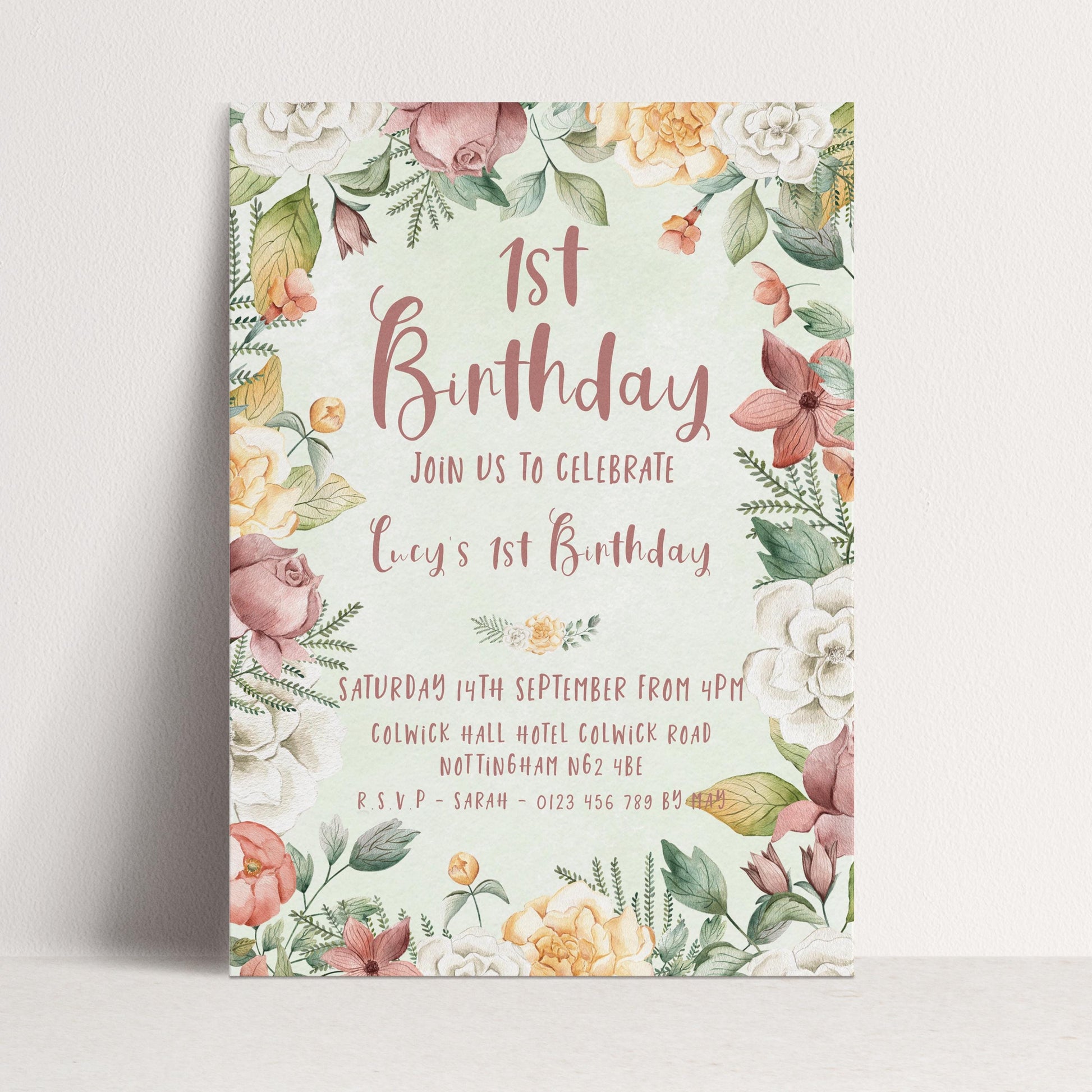 Floral 1st Birthday Invitation Download – Pastel Garden Party Digital Download for Girls, Editable Printable First Birthday Invite