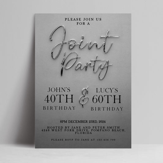 Editable joint birthday party invitation with 3D liquid silver chrome script on grey background — digital download template via Corjl