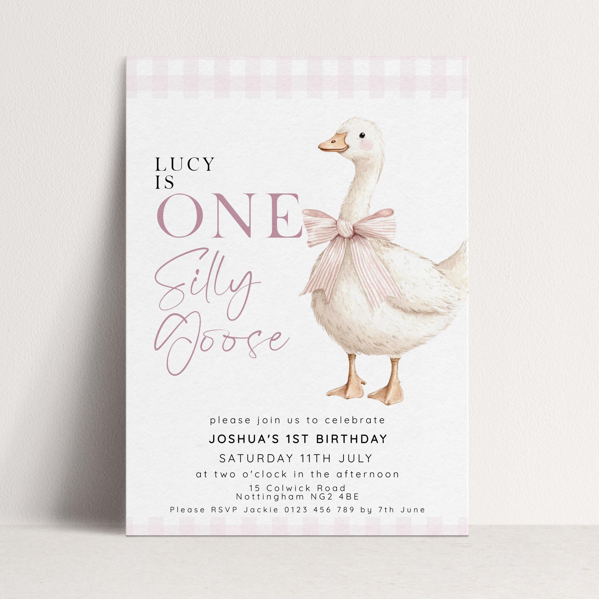 Editable one silly goose 1st birthday invitation with watercolour goose pink bow and pink gingham background — digital download template via Corjl
