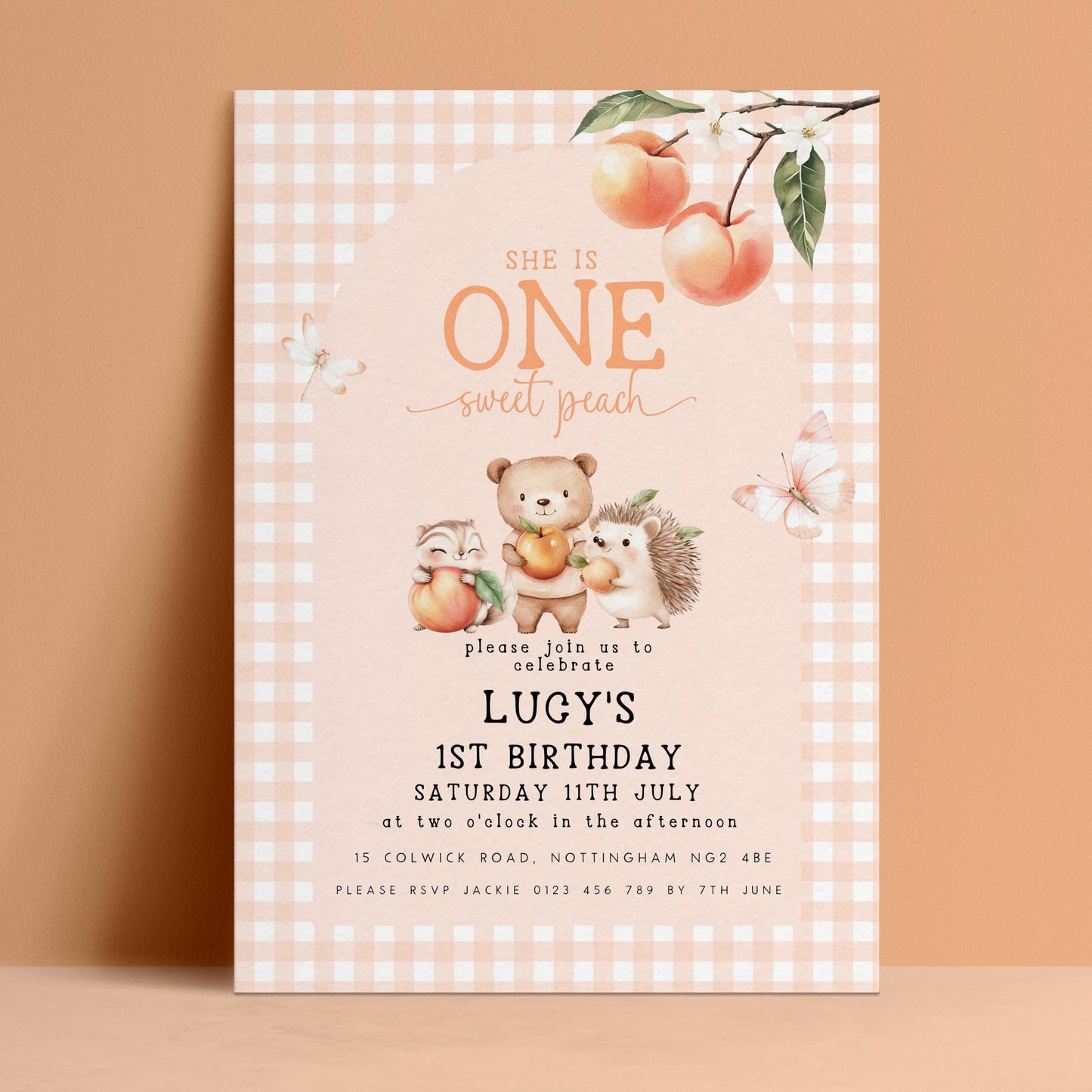 Editable one sweet peach 1st birthday invitation with peach gingham background woodland animals and watercolour peaches — digital download template via Corjl
