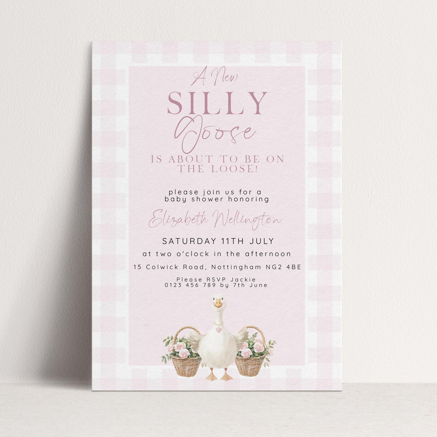 Editable silly goose baby shower invitation with white goose flower baskets and pink gingham background — digital download template via Corjl