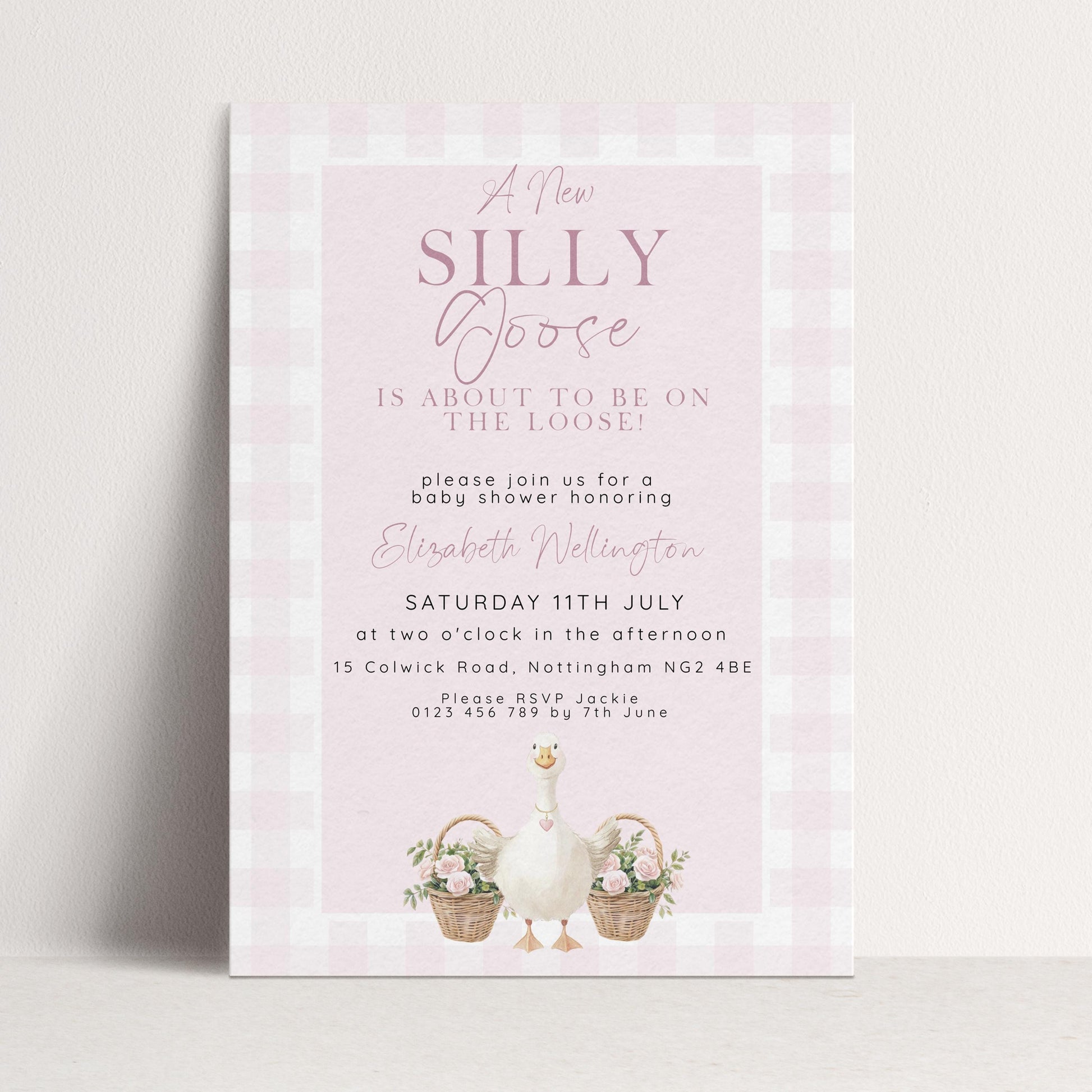 Editable silly goose baby shower invitation with white goose flower baskets and pink gingham background — digital download template via Corjl