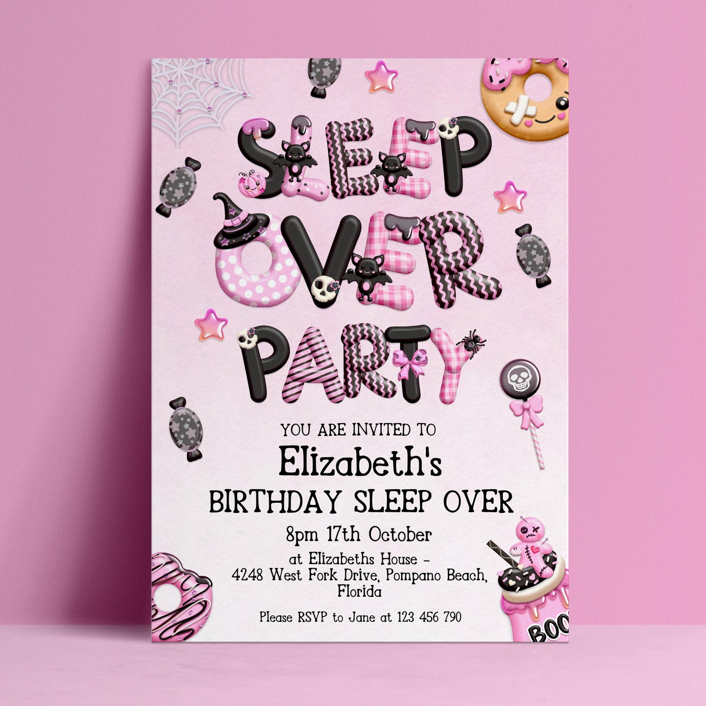 Editable girls sleepover party invitation with spooky pink Halloween design featuring bats, candy and dripping lettering — digital download template via Corjl