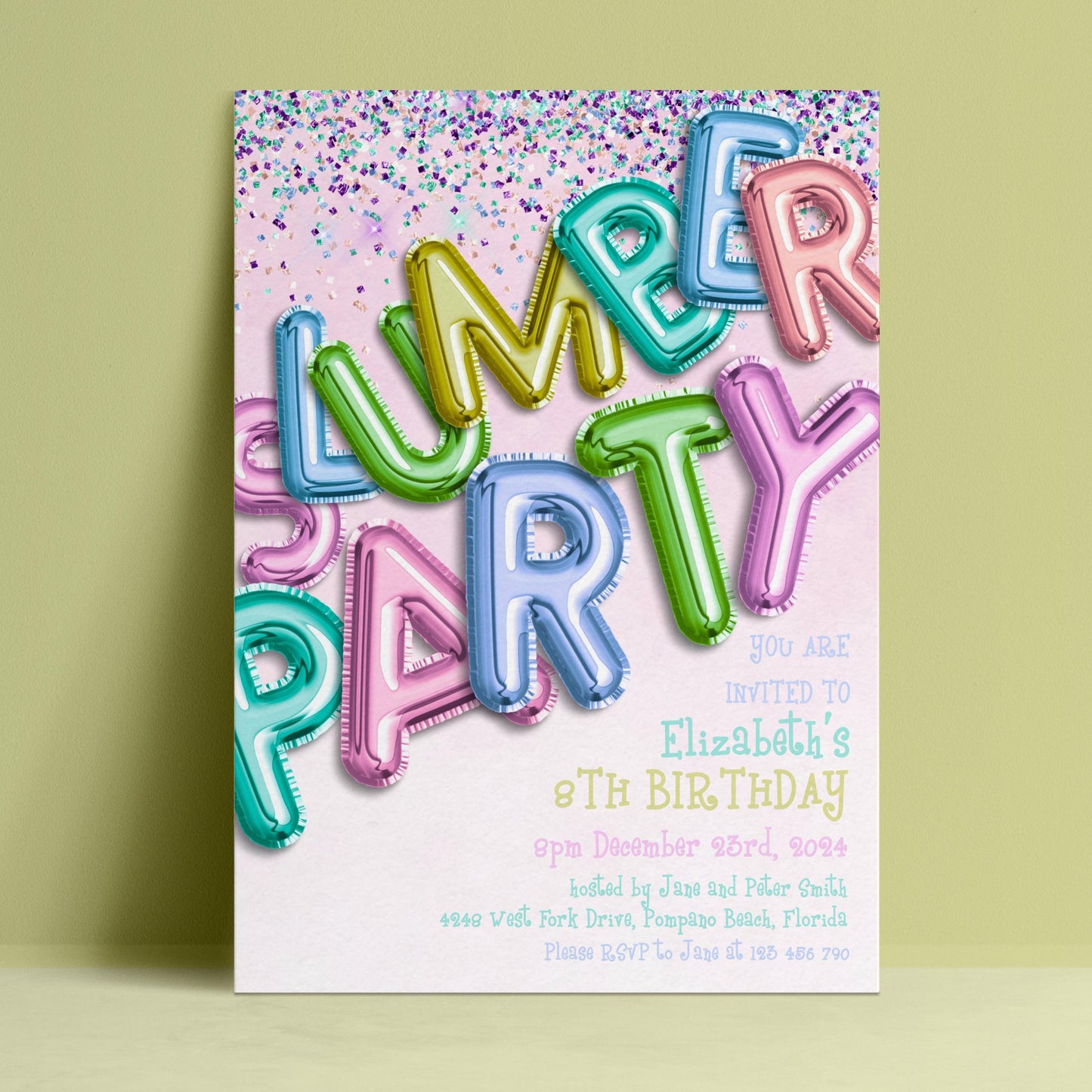 Editable girls slumber party invitation with multicoloured foil balloon letters and rainbow confetti on pink background — digital download template via Corjl