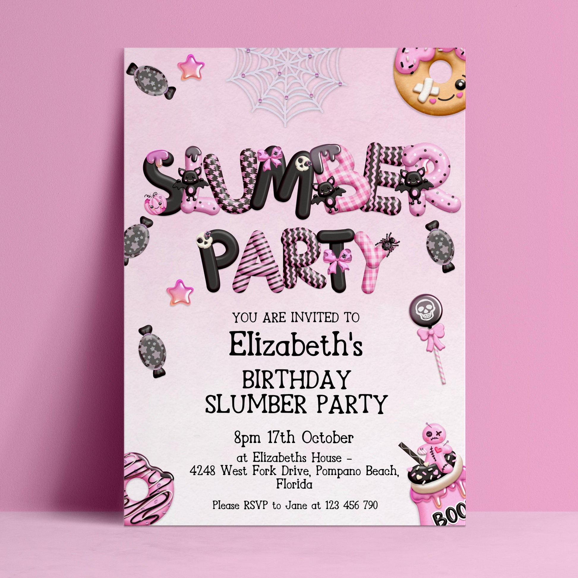 Editable girls slumber party invitation with spooky pink design featuring dripping lettering, bats, candy and kawaii donuts — digital download template via Corjl