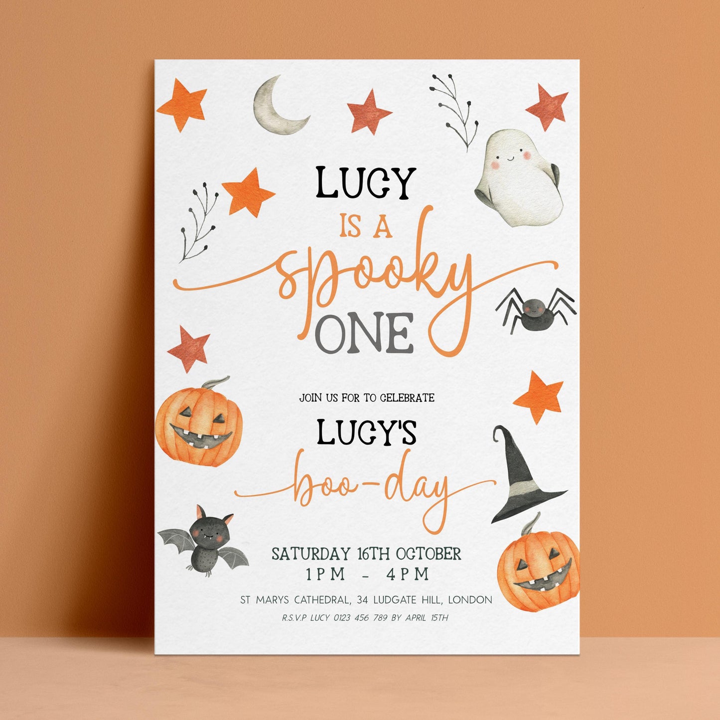 Editable spooky one 1st birthday invitation with Halloween pumpkins ghost bat and boo-day typography on white background — digital download template via Corjl