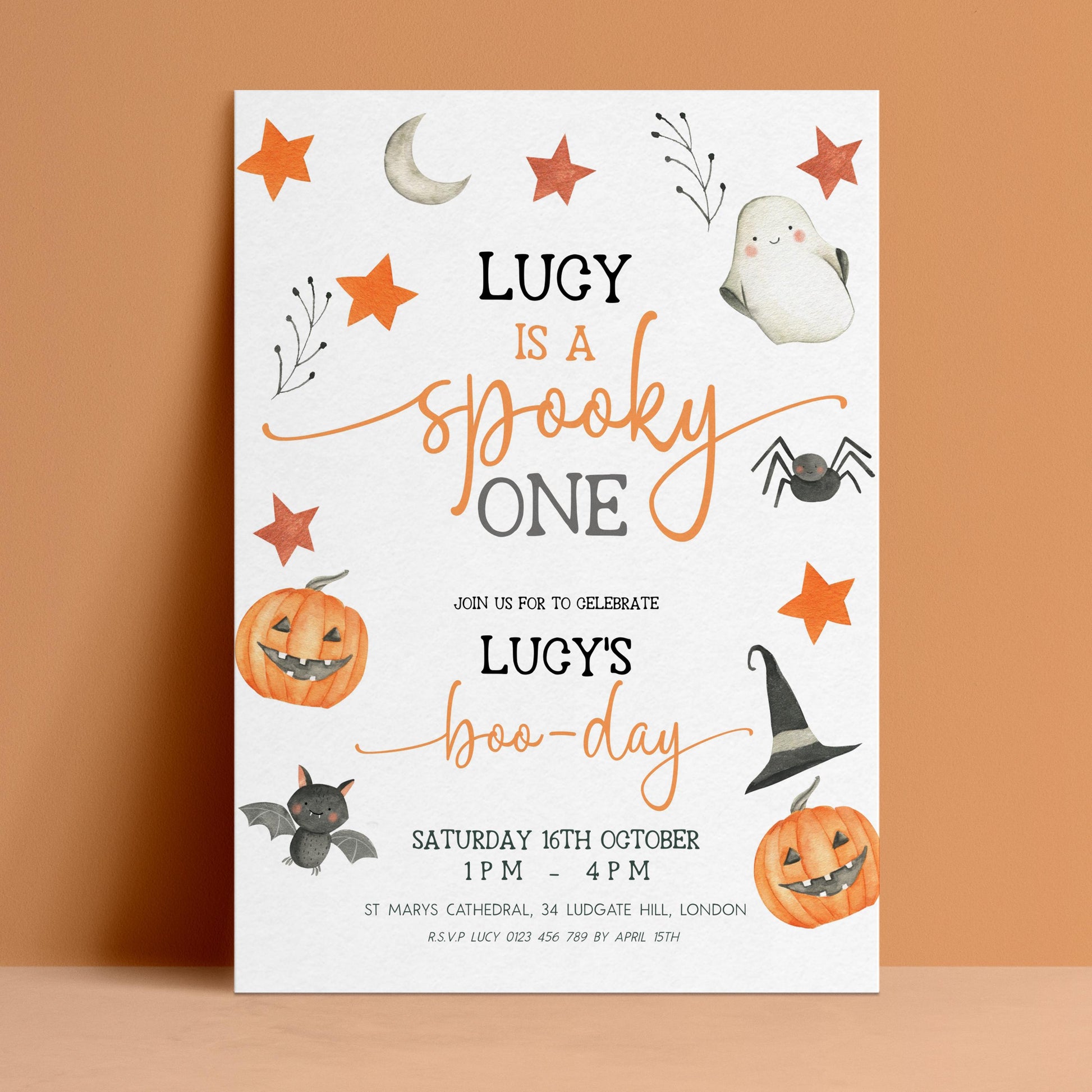 Editable spooky one 1st birthday invitation with Halloween pumpkins ghost bat and boo-day typography on white background — digital download template via Corjl