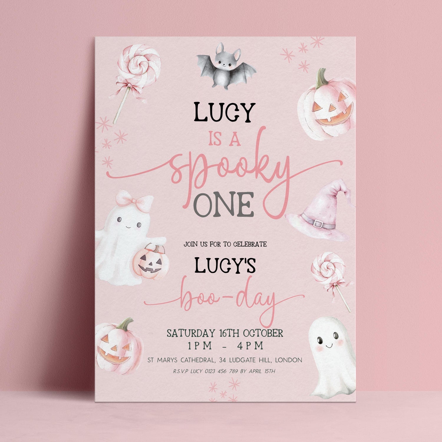 Editable pink spooky one 1st birthday invitation with cute Halloween ghosts pumpkins and boo-day typography on dusty pink background — digital download template via Corjl