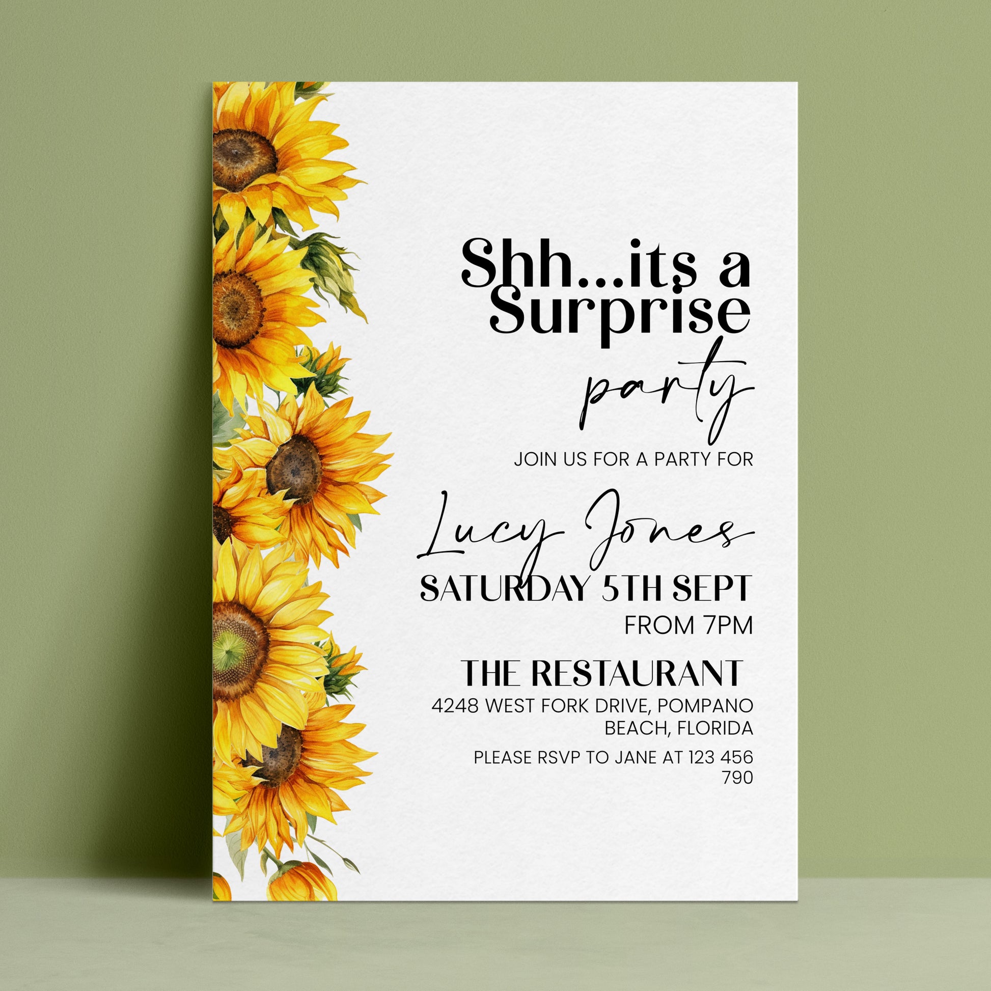 Editable sunflower surprise party invitation with bold watercolour sunflower border on white background — digital download template via Corjl