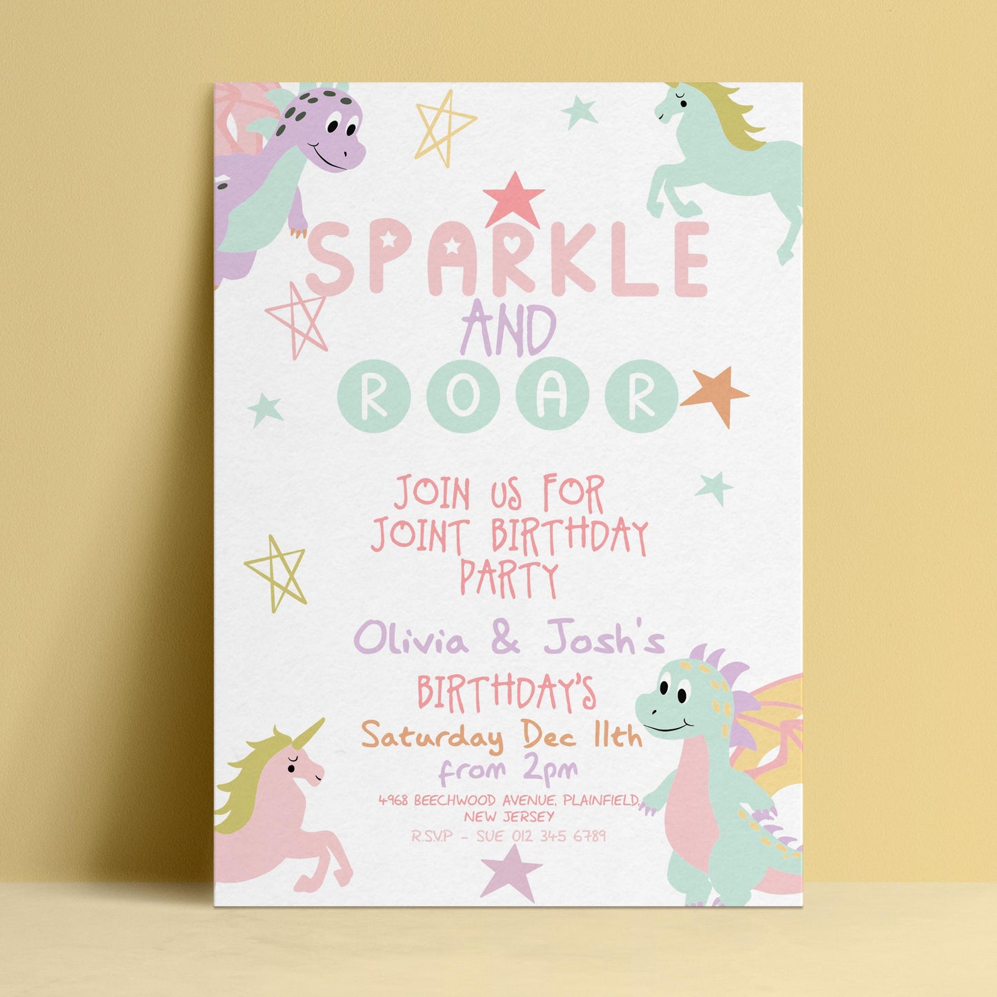 Editable joint birthday invitation with pastel unicorns and dragons sparkle and roar design on white background — digital download template via Corjl
