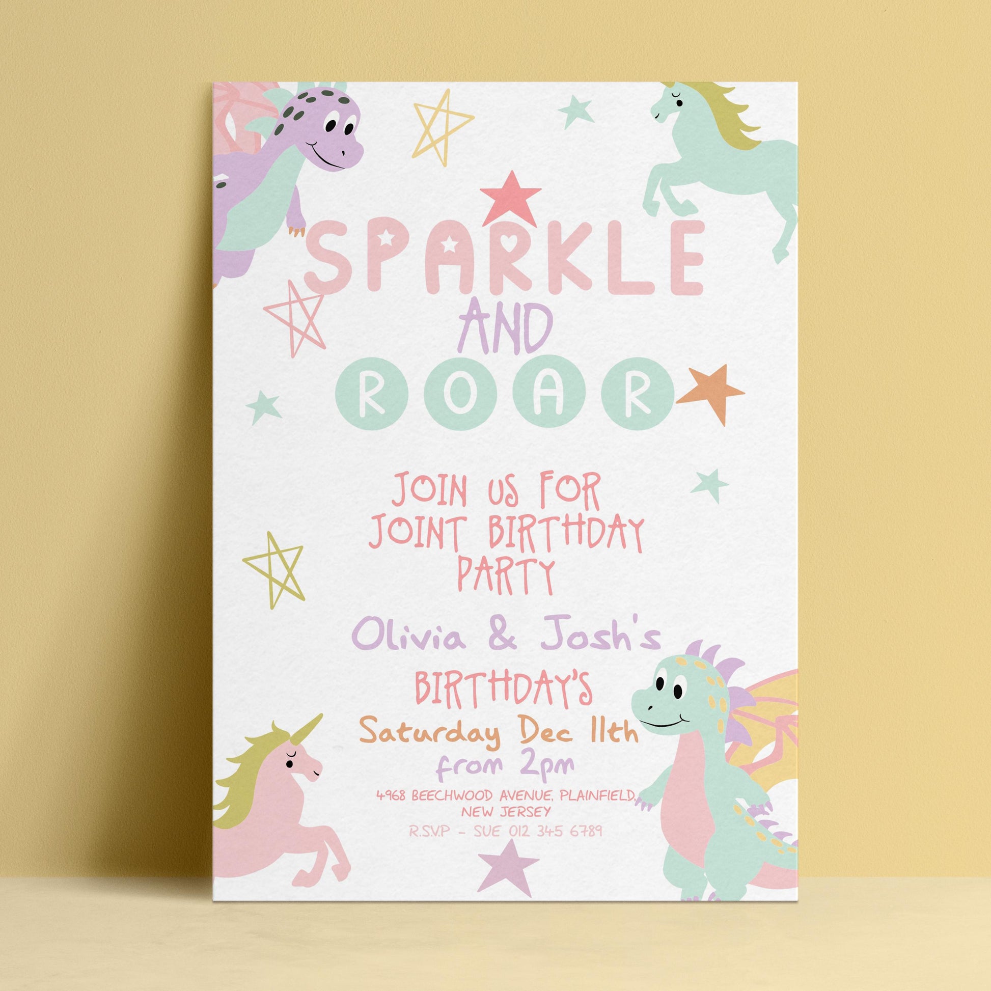 Editable joint birthday invitation with pastel unicorns and dragons sparkle and roar design on white background — digital download template via Corjl