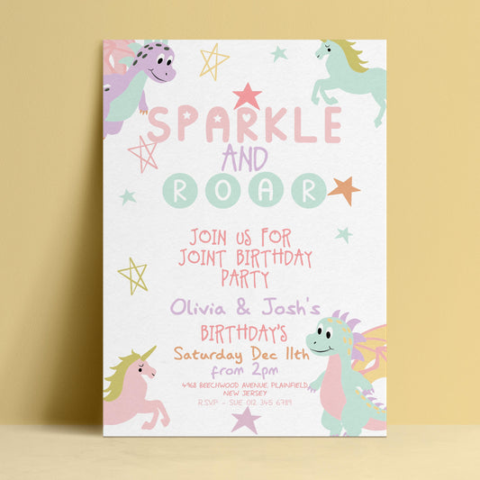 Editable joint birthday invitation with pastel unicorns and dragons sparkle and roar design on white background — digital download template via Corjl