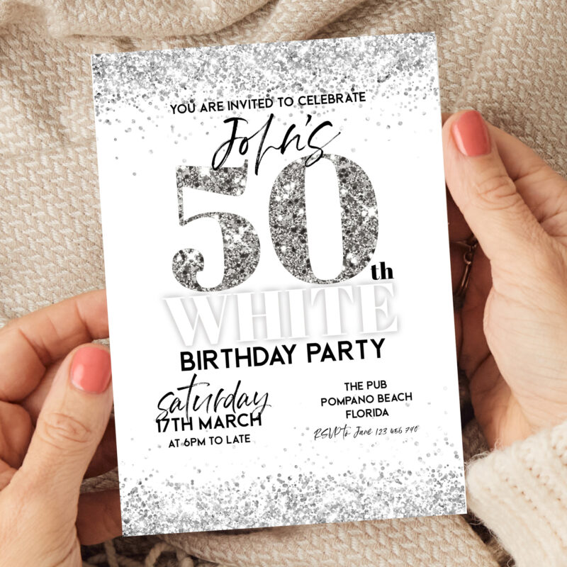 50th Birthday Invitation White & Silver Glitter