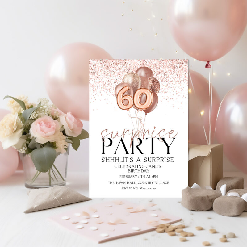 Surprise Party Invitation Rose Gold Balloons