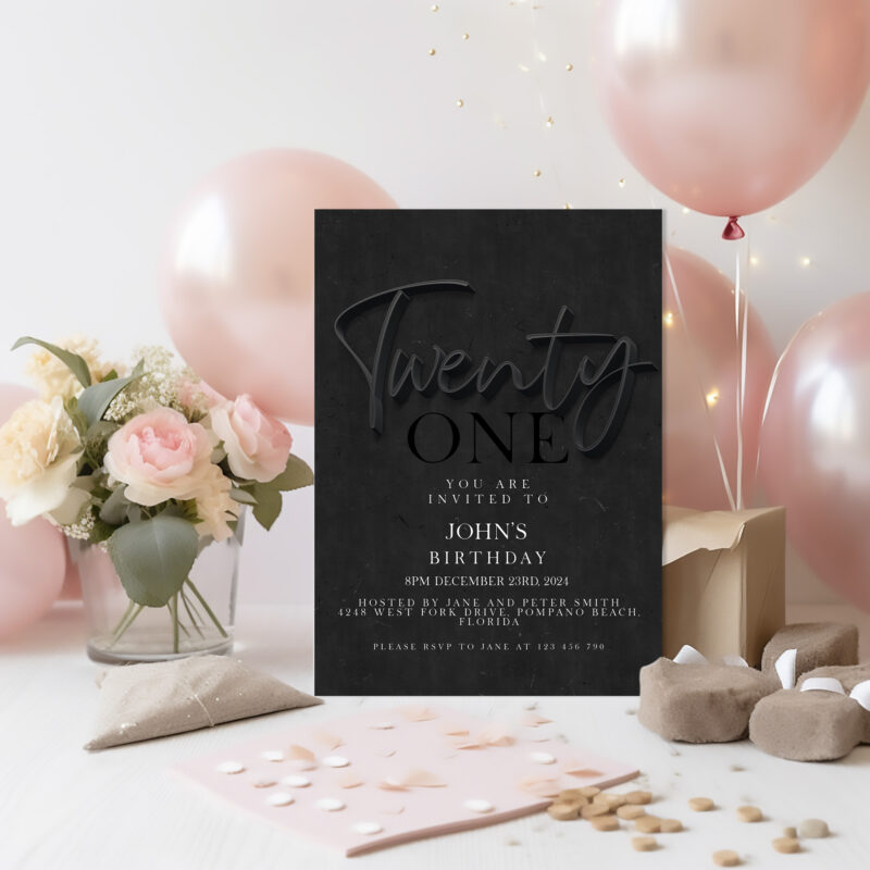 black birthday invitation