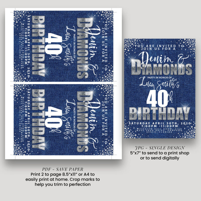 Denim and Diamonds 40th Invitation Corjl Template