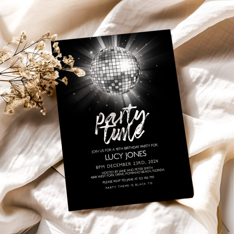 Silver Glitter Ball Invitation