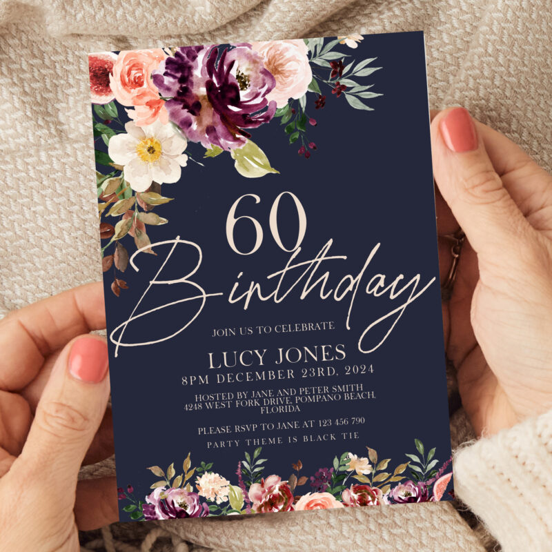 Navy Floral Birthday Invitation