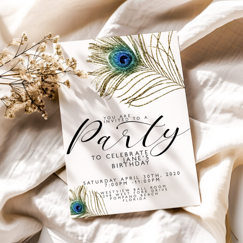 Peacock Feather White Invitation