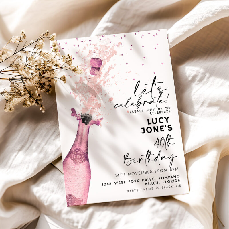 Pink Champagne Birthday Invitation