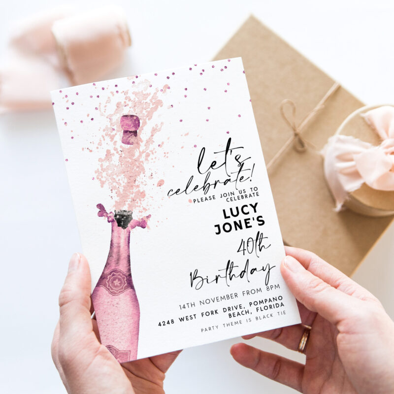 Pink Champagne Birthday Invitation