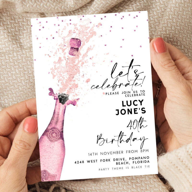 Pink Champagne Birthday Invitation