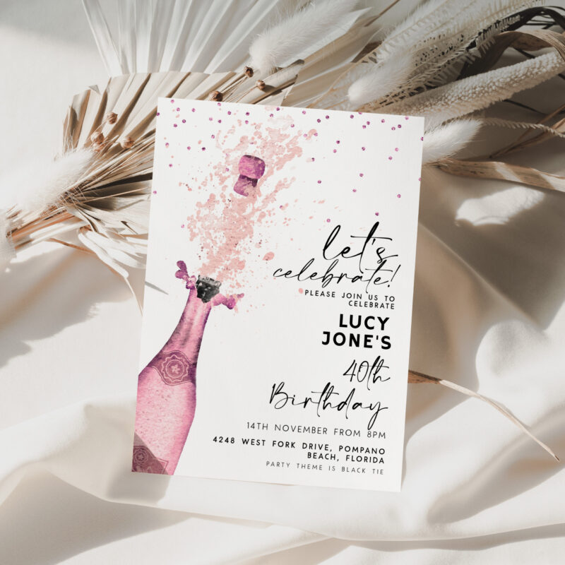 Pink Champagne Birthday Invitation