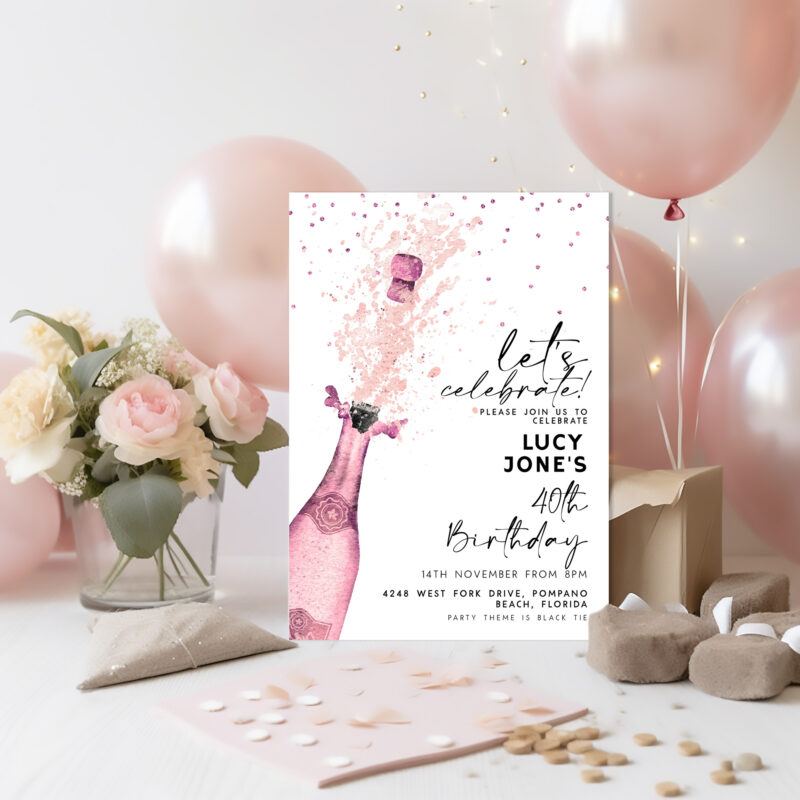 Pink Champagne Birthday Invitation