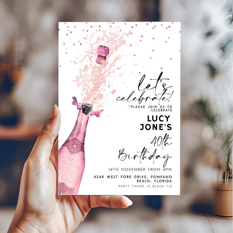 Pink Champagne Birthday Invitation