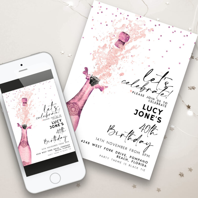 Pink Champagne Birthday Invitation