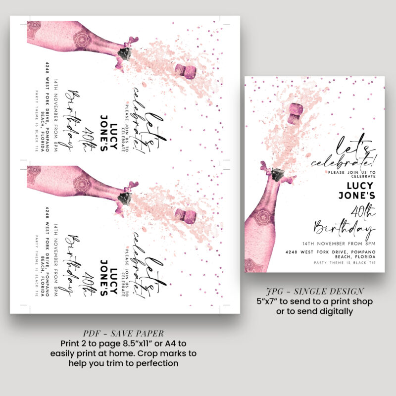 Pink Champagne Birthday Invitation