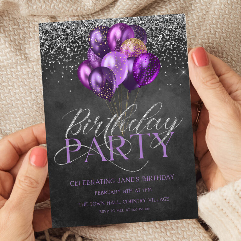 Purple Silver Birthday Invitation