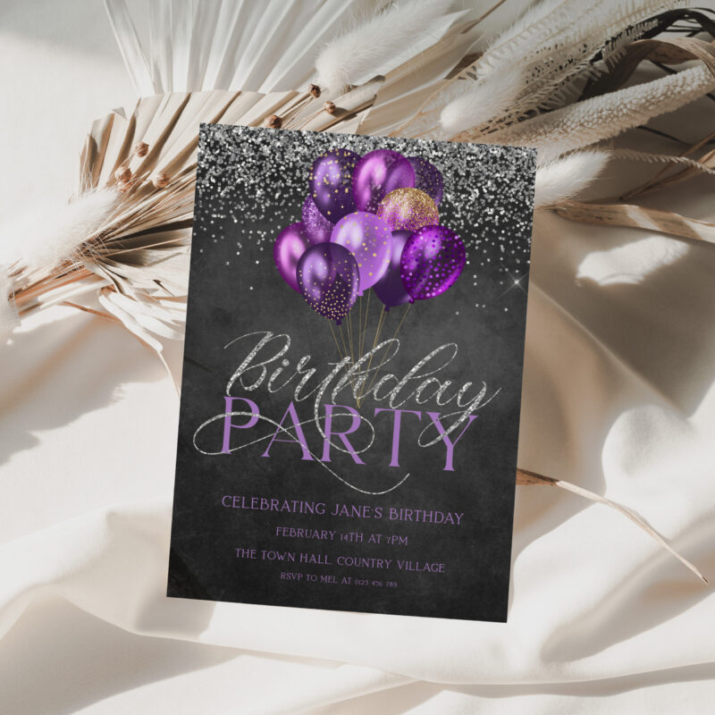 Purple Silver Birthday Corjl Invitation