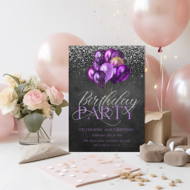 Purple Silver Birthday Corjl Invitation