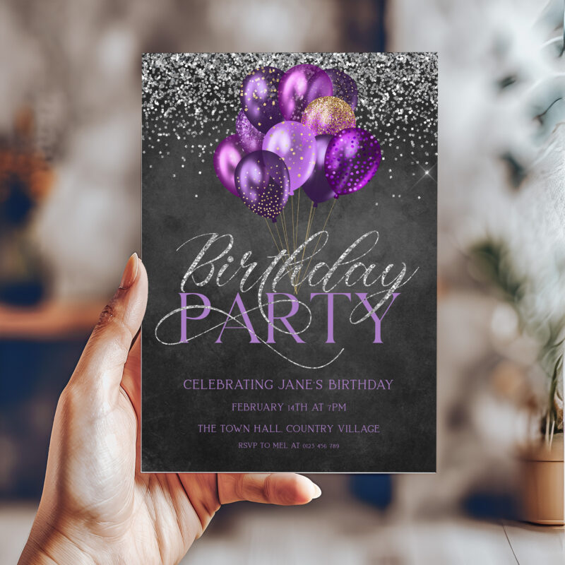 Purple Silver Birthday Corjl Invitation