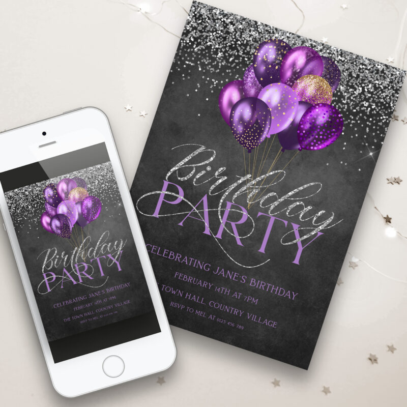 Purple Silver Birthday Corjl Invitation