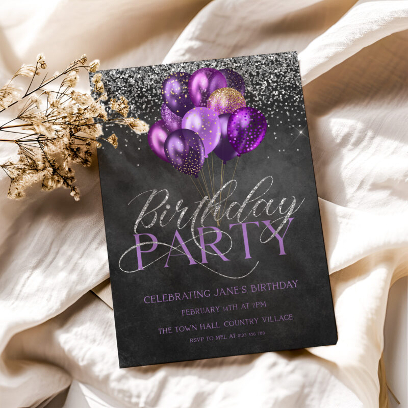 Purple Silver Birthday Corjl Invitation