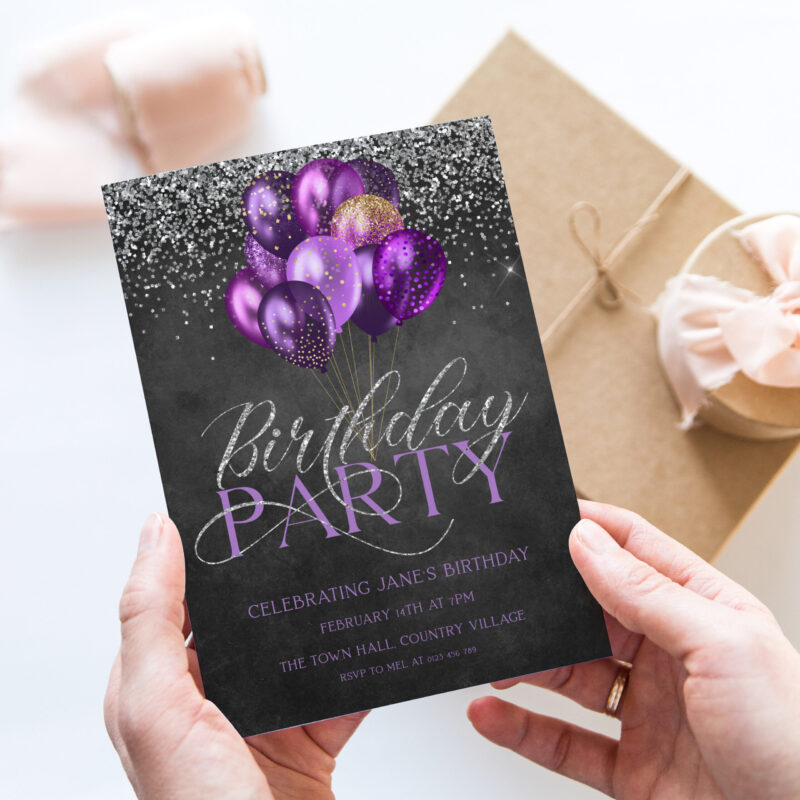 Purple Silver Birthday Corjl Invitation