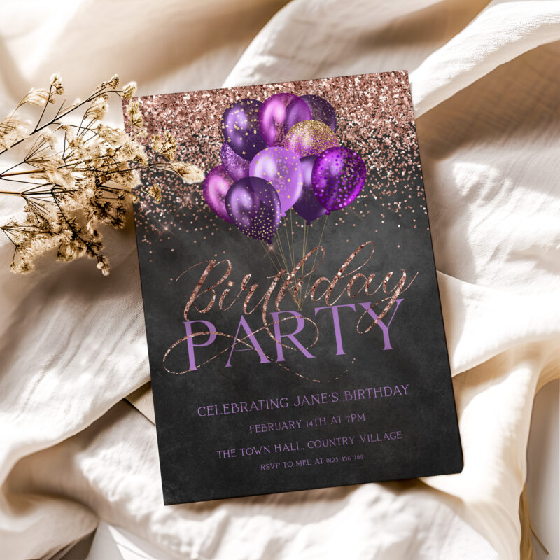 purple rose gold birthday invitation