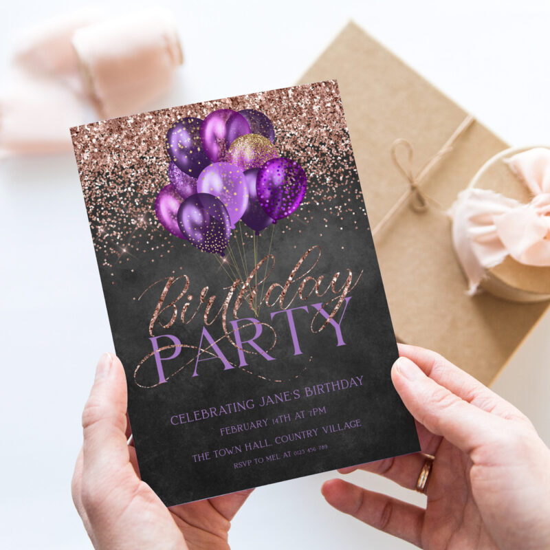 purple rose gold birthday invitation