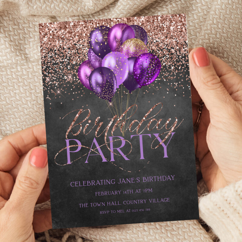 purple rose gold birthday invitation