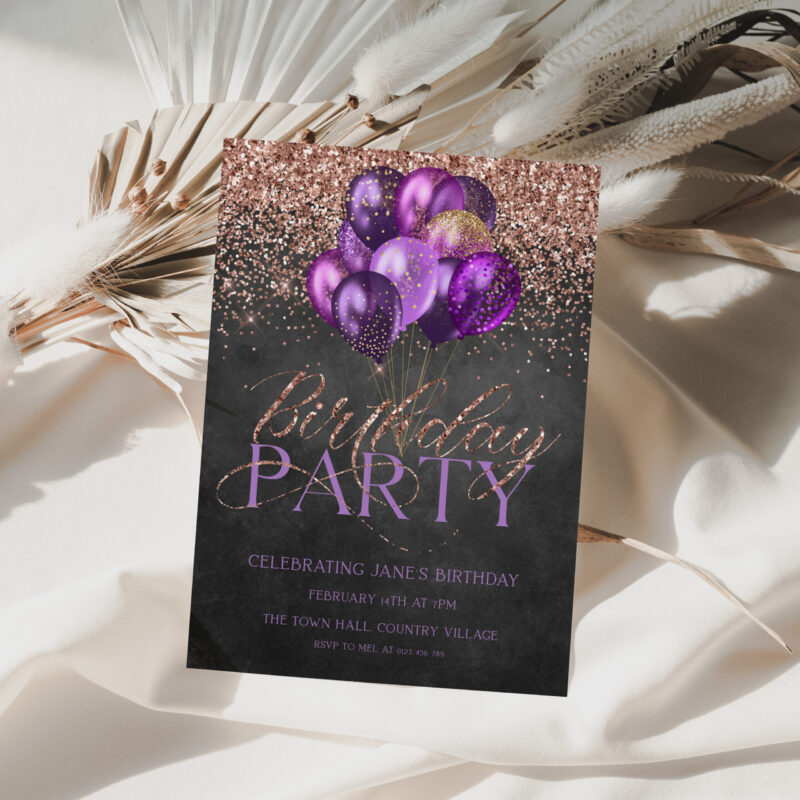 purple rose gold birthday invitation