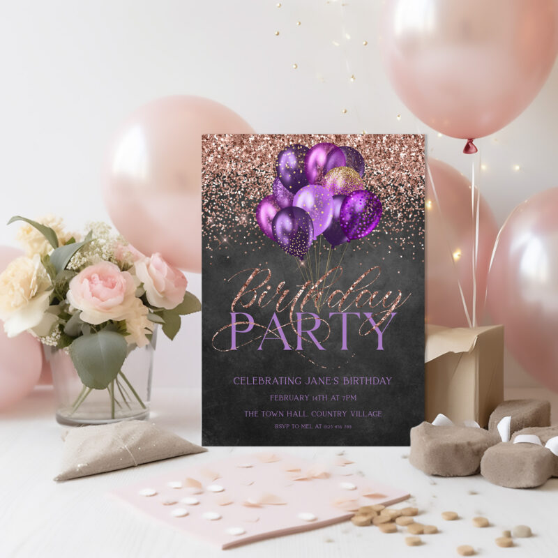 purple rose gold birthday invitation