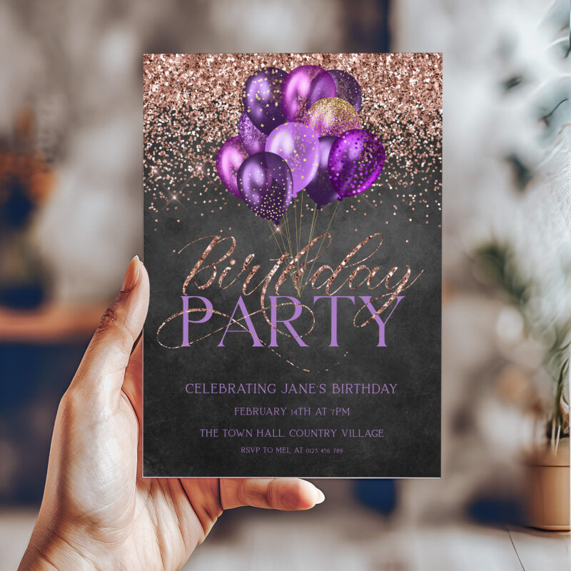 purple rose gold birthday invitation