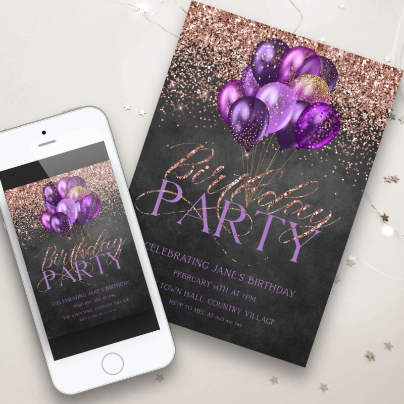 purple rose gold birthday invitation