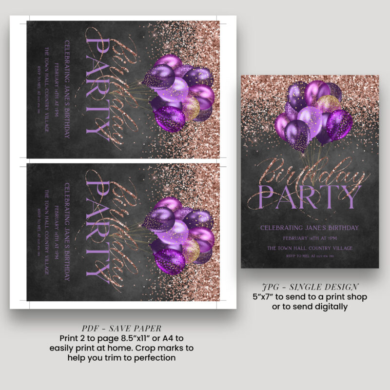 purple rose gold birthday invitation